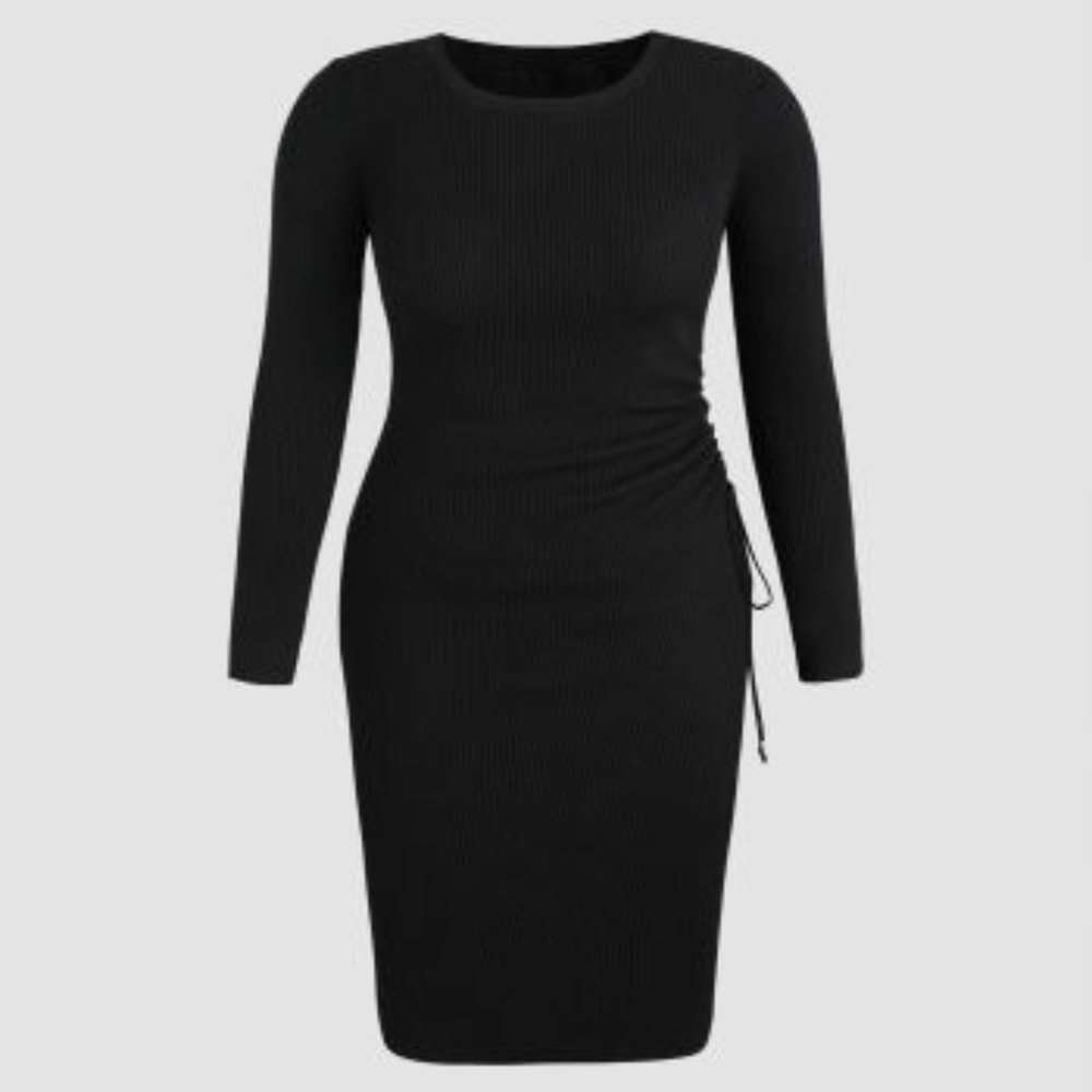 CIDER PLUS SIZE KNIT SOLID RUCHED DRAWSTRING MIDI DRESS